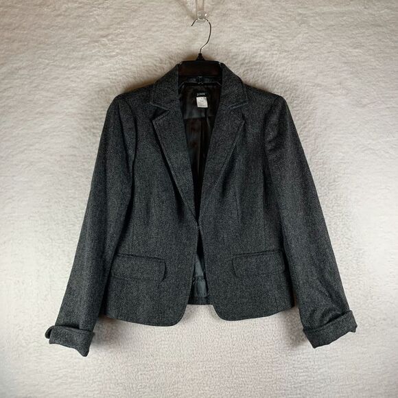 J.Crew Blazer Jacket Women's 8 Gray Herringbone Wool Notch Lapel Single Breasted - Picture 1 of 7